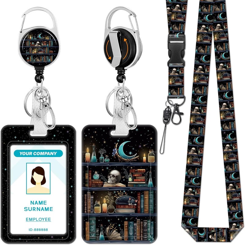 Hancynir Skull Black Cat Bookshelf Lanyards for Id Badges, Funny Cute Badge Holder with Retractable Reel Clip, Work Name Tags Keychain Lanyard with ID Holder, Card Protector for Women Men Office Gifts - Image 1
